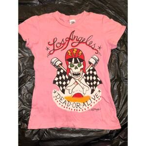 VINTAGE Y2K ED HARDY PINK SKULL TEE DEAD OR ALIVE S